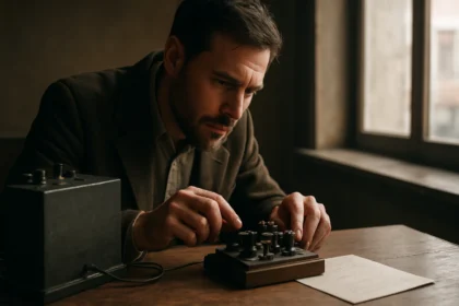 Muž ovládajúci telegraf s detailmi na prístroji a liste.