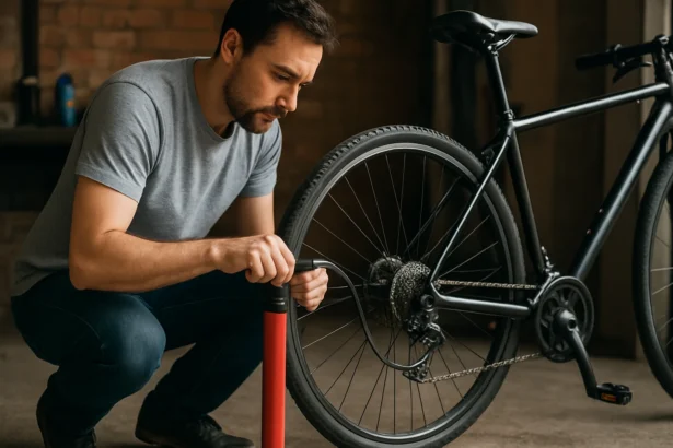 Muž nafukuje bicyklovú pneumatiku pomocou cyklopumpy