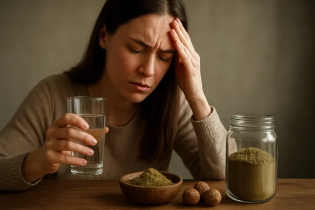 Žena s bolesťou hlavy drží pohár vody a prášok triphala.