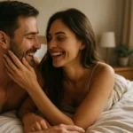 Šťastný pár sa smeje a užíva si spoločný čas v posteli.