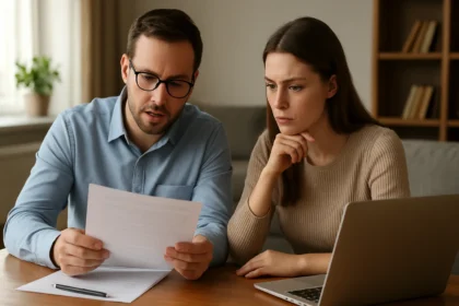Pár diskutuje o možnostiach pôžičiek pri stole s laptopom.