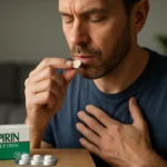 Muž užíva таблетku Aspirin Protect 100 pre srdcovú ochranu.