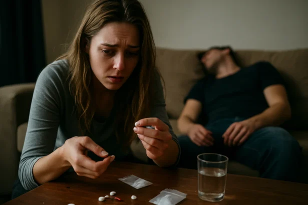 Žena drži drogy v ruke s obavedeným výrazom, muž na pohovke za ňou.