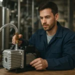 Technik nastavuje vákuové čerpadlo v priemyselnom prostredí.