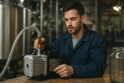 Technik nastavuje vákuové čerpadlo v priemyselnom prostredí.