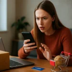 Žena prekvapená pri nakupovaní na Wish s telefónom a počítačom.