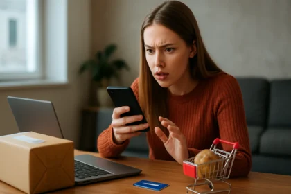 Žena prekvapená pri nakupovaní na Wish s telefónom a počítačom.