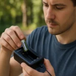 Muž v procese nabíjania Varta batérií pomocou nabíjačky.