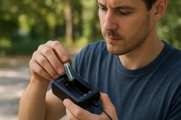 Muž v procese nabíjania Varta batérií pomocou nabíjačky.