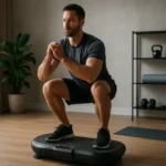 Muž cvičiaci na vibračnom tréningu v domácnosti