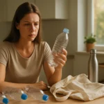 Žena zamyslená nad plastovými fľašami a udržateľnými alternatívami.