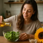 Žena pridáva za studena lisovaný slnečnicový olej do šalátu.