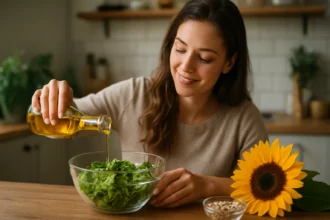 Žena pridáva za studena lisovaný slnečnicový olej do šalátu.