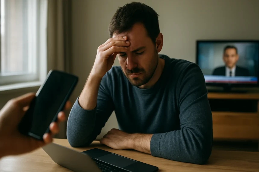 Muž s úzkosťou pred obrazovkou, ktorá zobrazuje správy