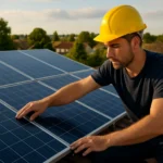 Muž montuje solárne panely na streche domu, slnečné počasie.