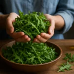 Čerstvá rukola v rukách a miske s olivovým olejom