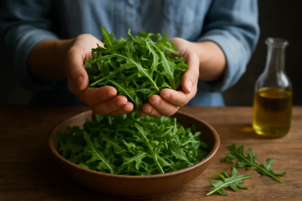 Čerstvá rukola v rukách a miske s olivovým olejom