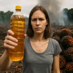 Žena so znepokojeným výrazom drží fľašu palmového oleja v odlesnenej oblasti.