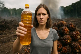 Žena so znepokojeným výrazom drží fľašu palmového oleja v odlesnenej oblasti.