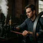 Muž pracujúci s parným strojom v historickej dielni.