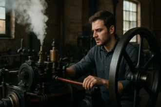 Muž pracujúci s parným strojom v historickej dielni.