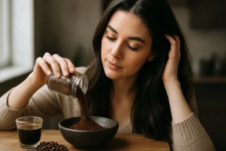Žena s kávou a mletou kávou, objavuje výhody kofeínu na vlasy.