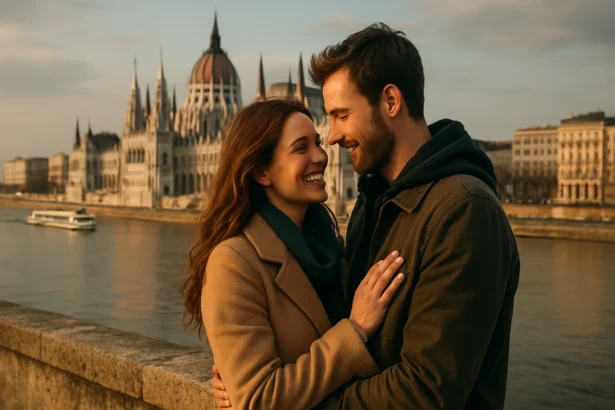 Pár sa usmieva pri rieke Dunaj s historickou architektúrou Budapešti v pozadí.