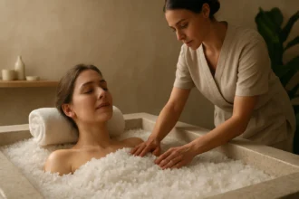 Žena si užíva relaxačný soľný kúpeľ s odbornou starostlivosťou.