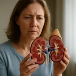 Žena skúma model obličiek a premýšľa o ich funkciách a zdraví.