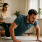 Muž cvičiaci na podlahe, žena pracujúca na laptopu v pozadí