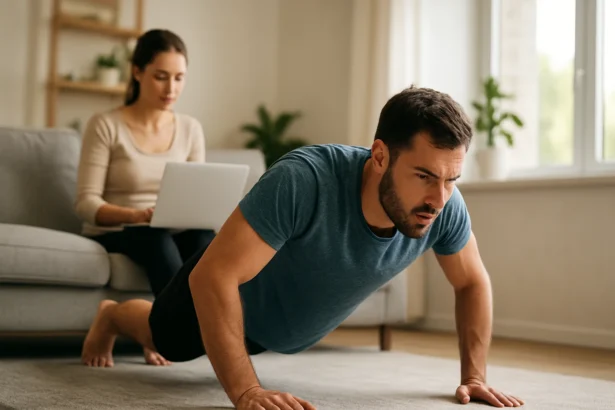 Muž cvičiaci na podlahe, žena pracujúca na laptopu v pozadí