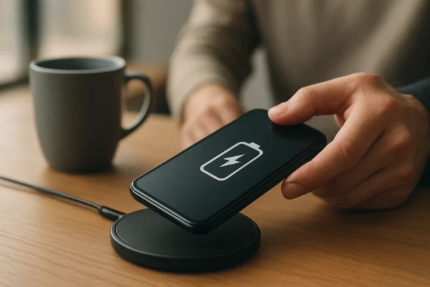 Osoba používa bezdrôtovú nabíjačku pre smartfón na stole.