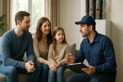 Rodina diskutuje o geotermálnom vykurovaní s odborníkom