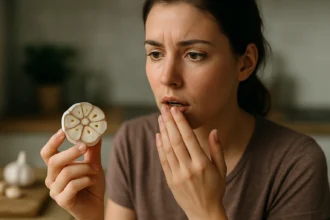 Žena skúma cesnak, hľadá jeho zdraviu prospešné účinky.