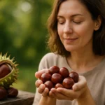 Žena drží gaštan jedlý, symbol prírodnej medicíny a zdravia.