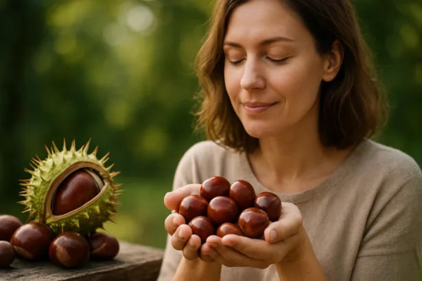 Žena drží gaštan jedlý, symbol prírodnej medicíny a zdravia.