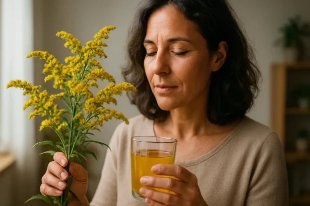 Žena s zlatobyľou a nápojom z tejto liečivej rastliny