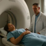 Pacientka počas CT vyšetrenia s lekárom
