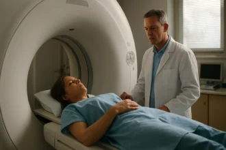 Pacientka počas CT vyšetrenia s lekárom