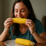 Žena si vychutnáva sladkú kukuricu ako zdravý snack.
