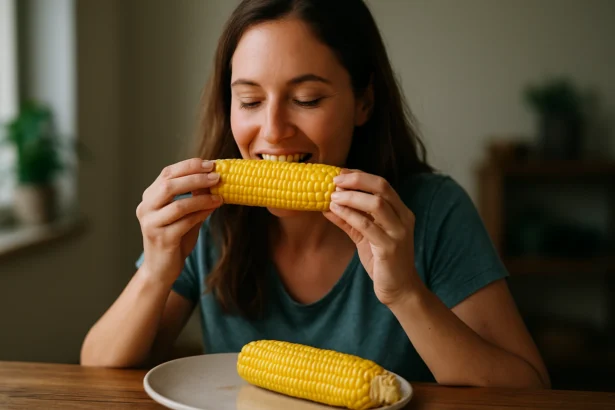 Žena si vychutnáva sladkú kukuricu ako zdravý snack.