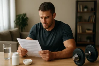 Muž skúma suplementy arginínu a ornitínu na zlepšenie športového výkonu