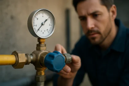 Man adjusting a PB pressure regulator for gas safety and efficiency.