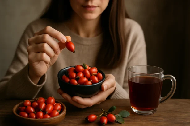 Žena zberá šípky a pripravuje čaj