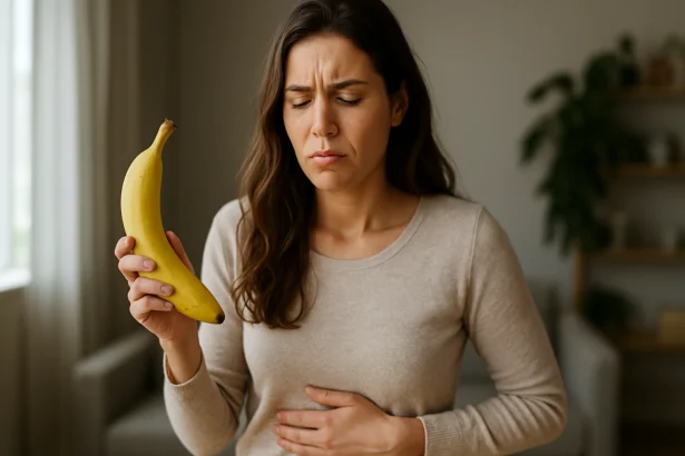 Žena drží banán a vyzerá znepokojene kvôli nadúvaniu.