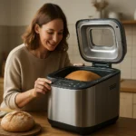 Žena šťastne kontroluje chlieb v domácej pekárni