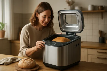 Žena šťastne kontroluje chlieb v domácej pekárni