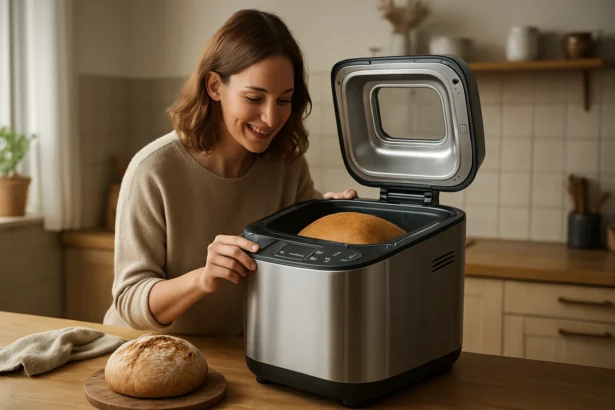 Žena šťastne kontroluje chlieb v domácej pekárni