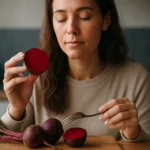 Žena skúma čerstvú cviklu v kuchyni pre zdravie a vitalitu.