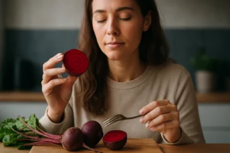 Žena skúma čerstvú cviklu v kuchyni pre zdravie a vitalitu.